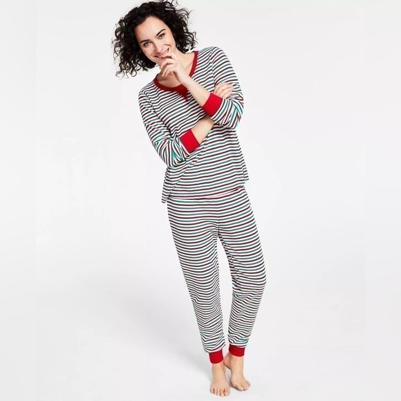 Family Pajamas Matching Women's Thermal Waffle Holiday Stripe Pajama Set XS - Picture 1 of 9